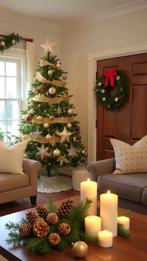 A living room decorated for Christmas with DIY ornaments, a wreath, and a pinecone centerpiece.